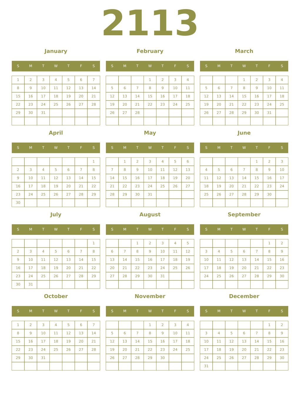 Printable 2113 Year Calendars eburnean