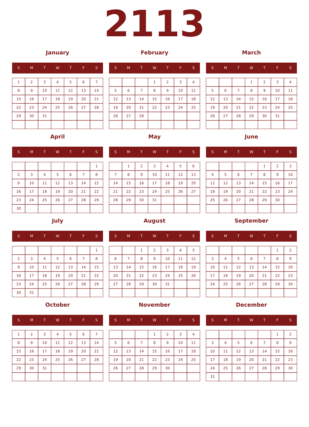 Printable 2113 Year Calendars falu