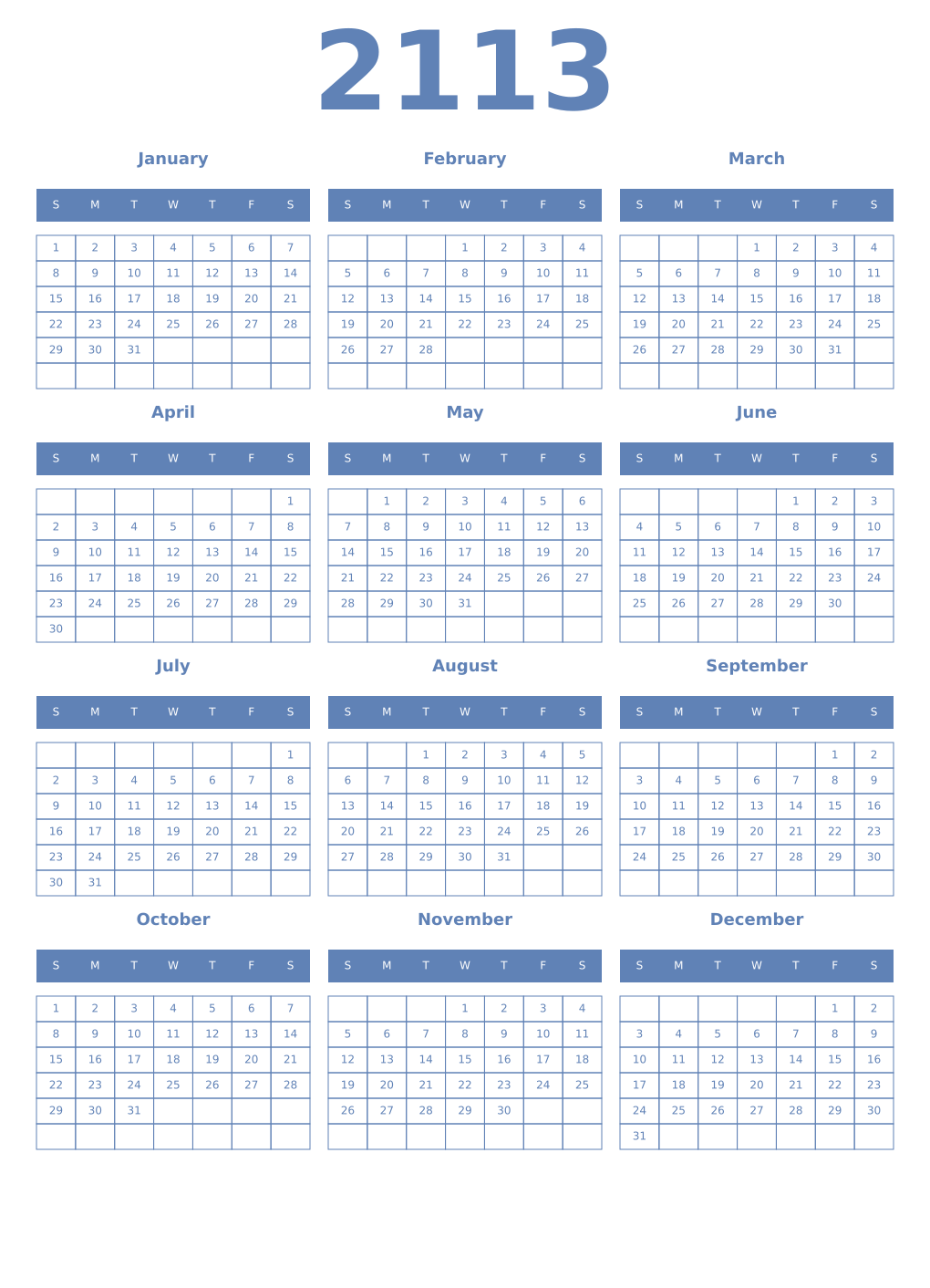 Printable 2113 Year Calendars glaucous