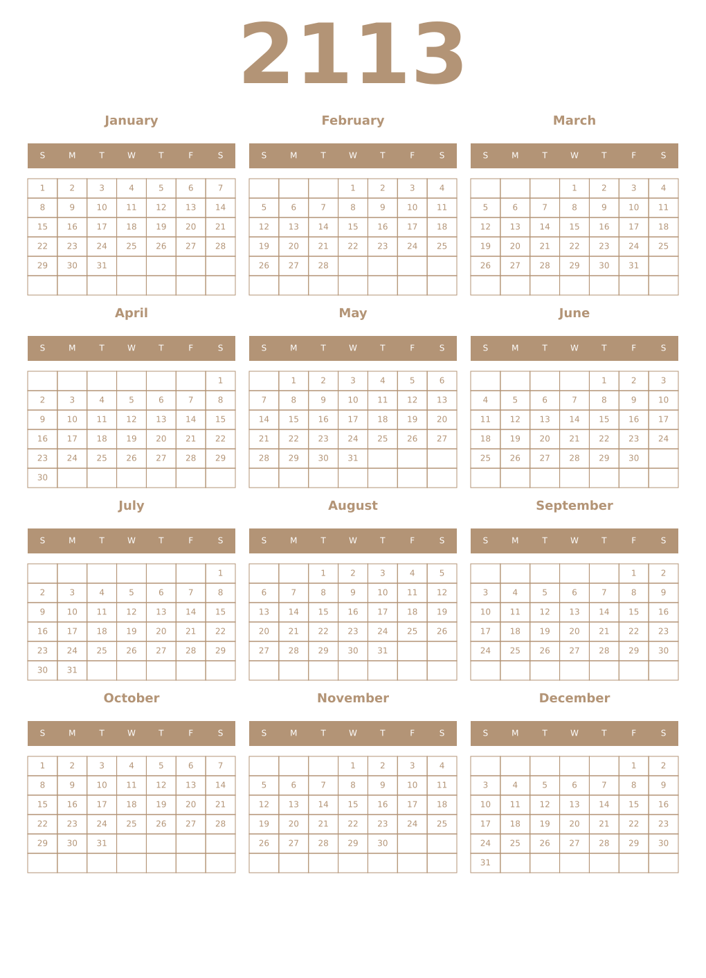 Printable 2113 Year Calendars isabelline