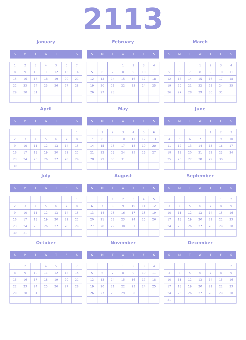 Printable 2113 Year Calendars periwinkle