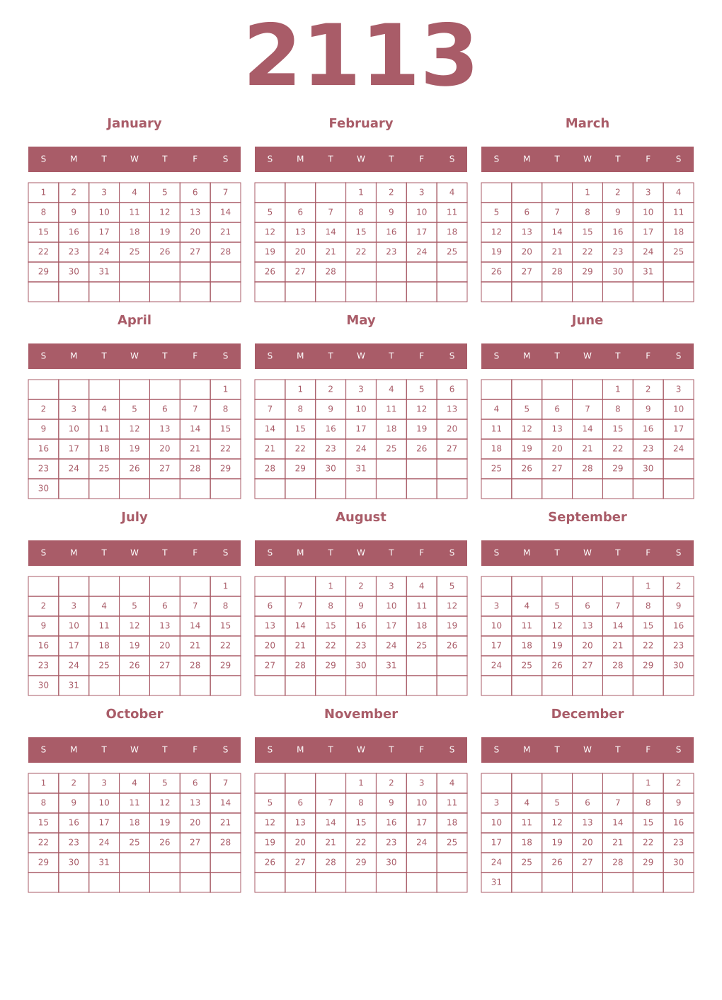 Printable 2113 Year Calendars puce
