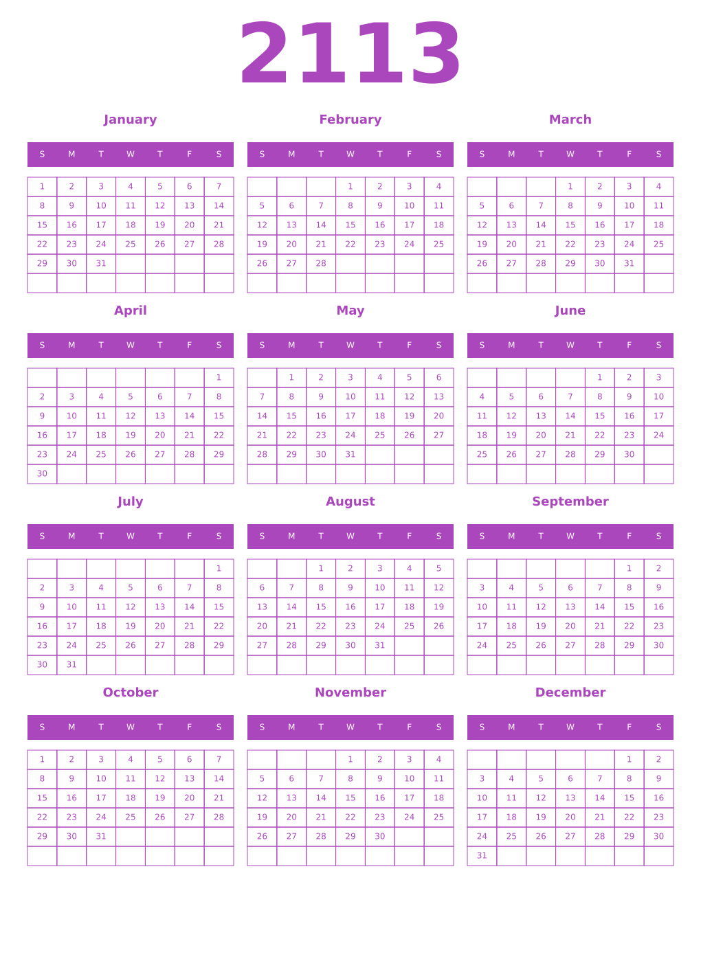 Printable 2113 Year Calendars purple