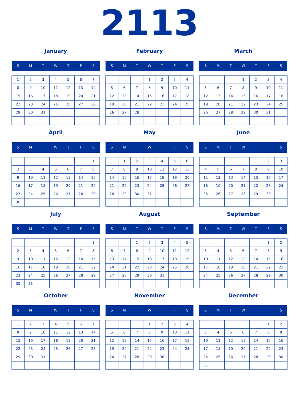 Printable 2113 Year Calendars smalt