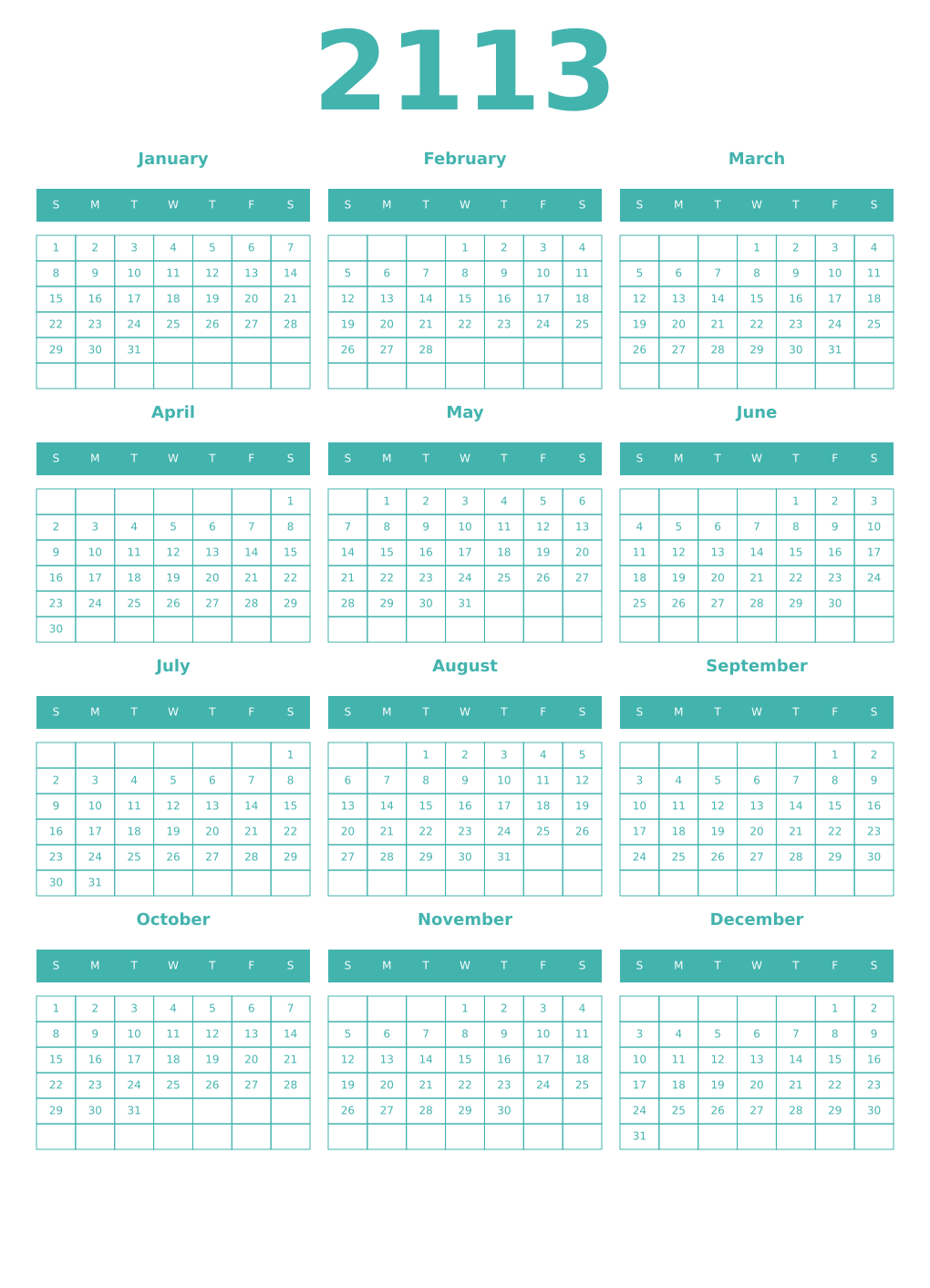 Printable 2113 Year Calendars verdigris