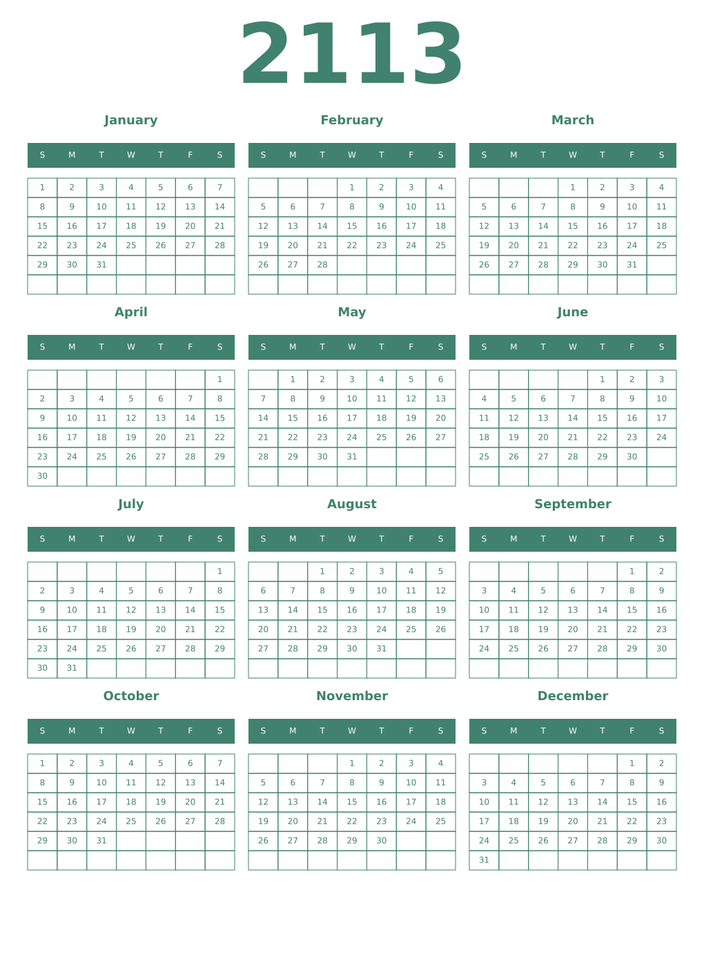 Printable 2113 Year Calendars viridian