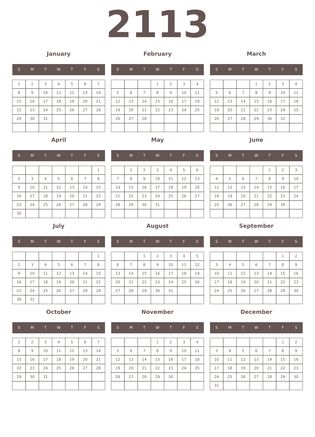 Printable 2113 Year Calendars wenge