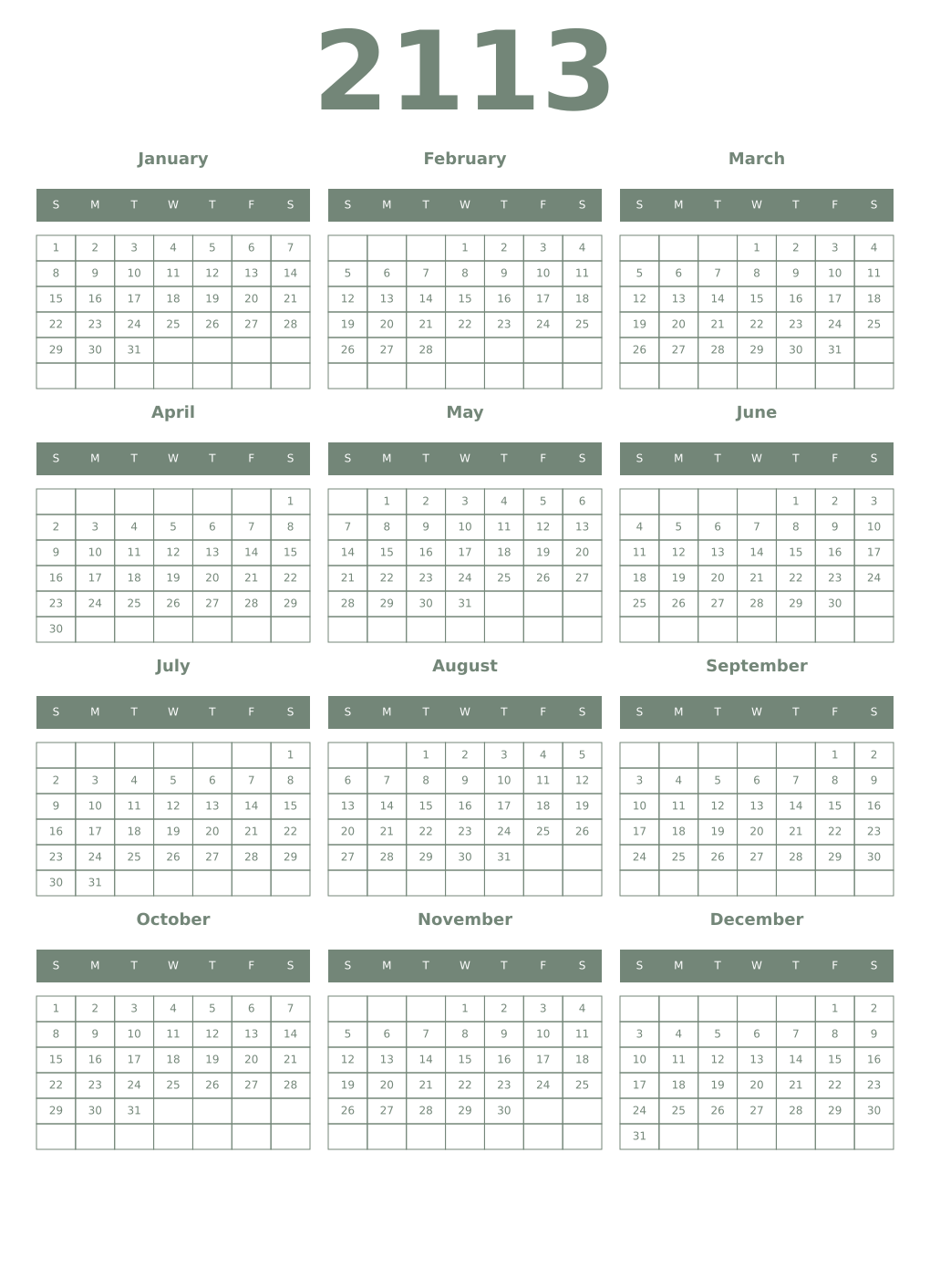 Printable 2113 Year Calendars xanadu
