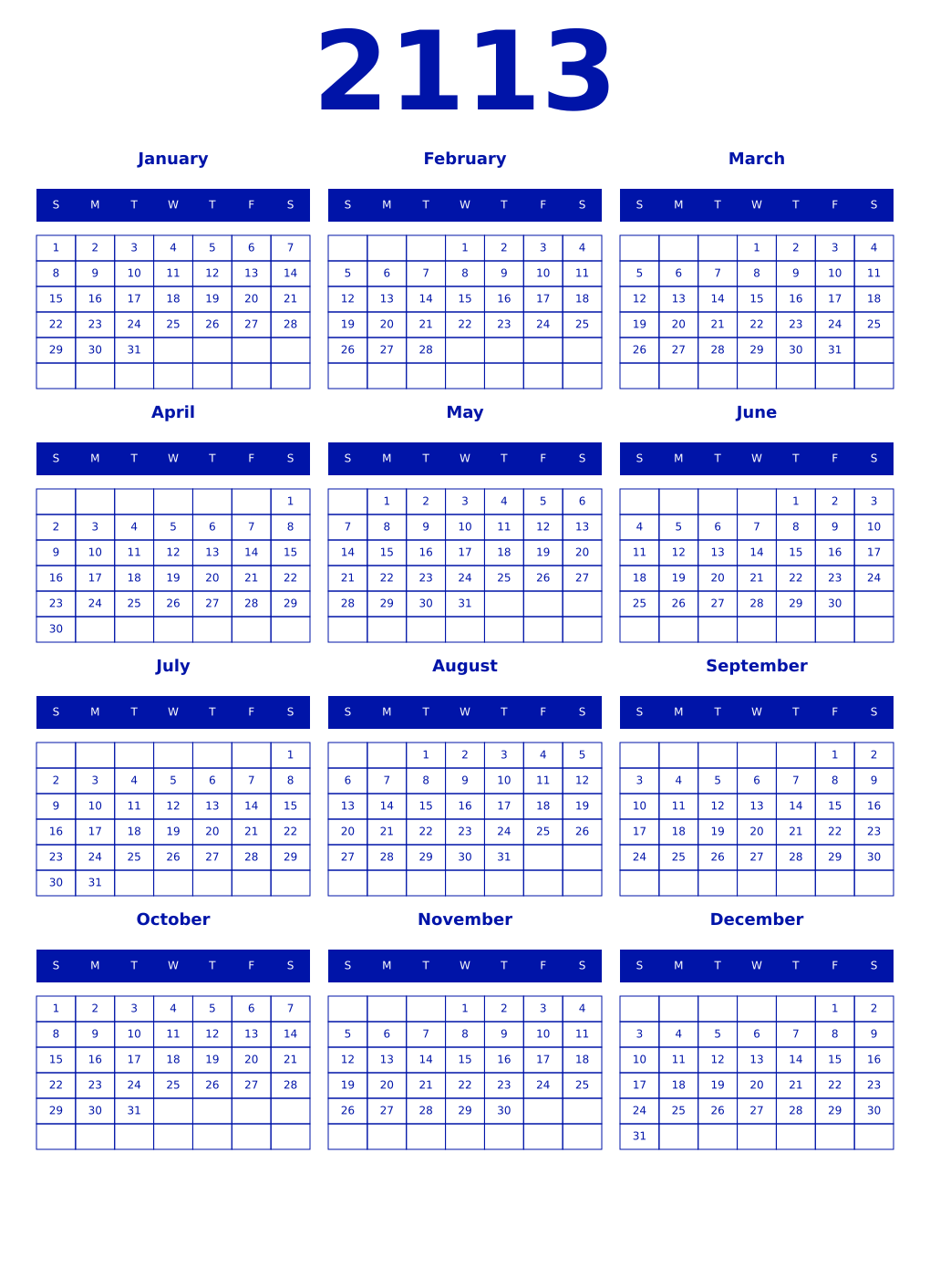 Printable 2113 Year Calendars zaffre
