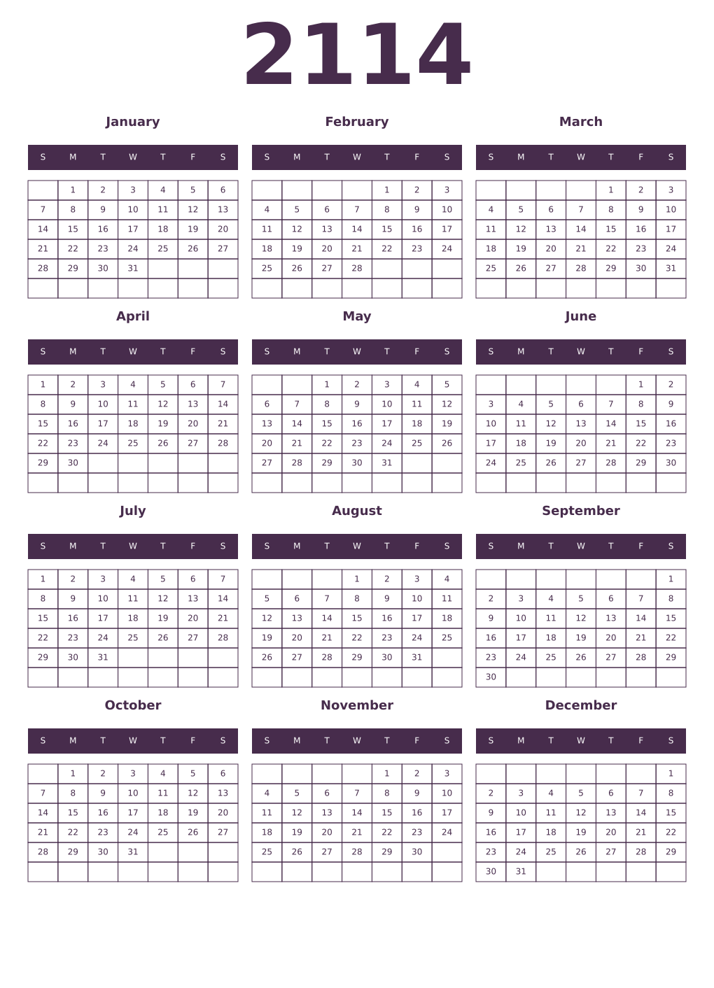 Printable 2114 Year Calendars aubergine