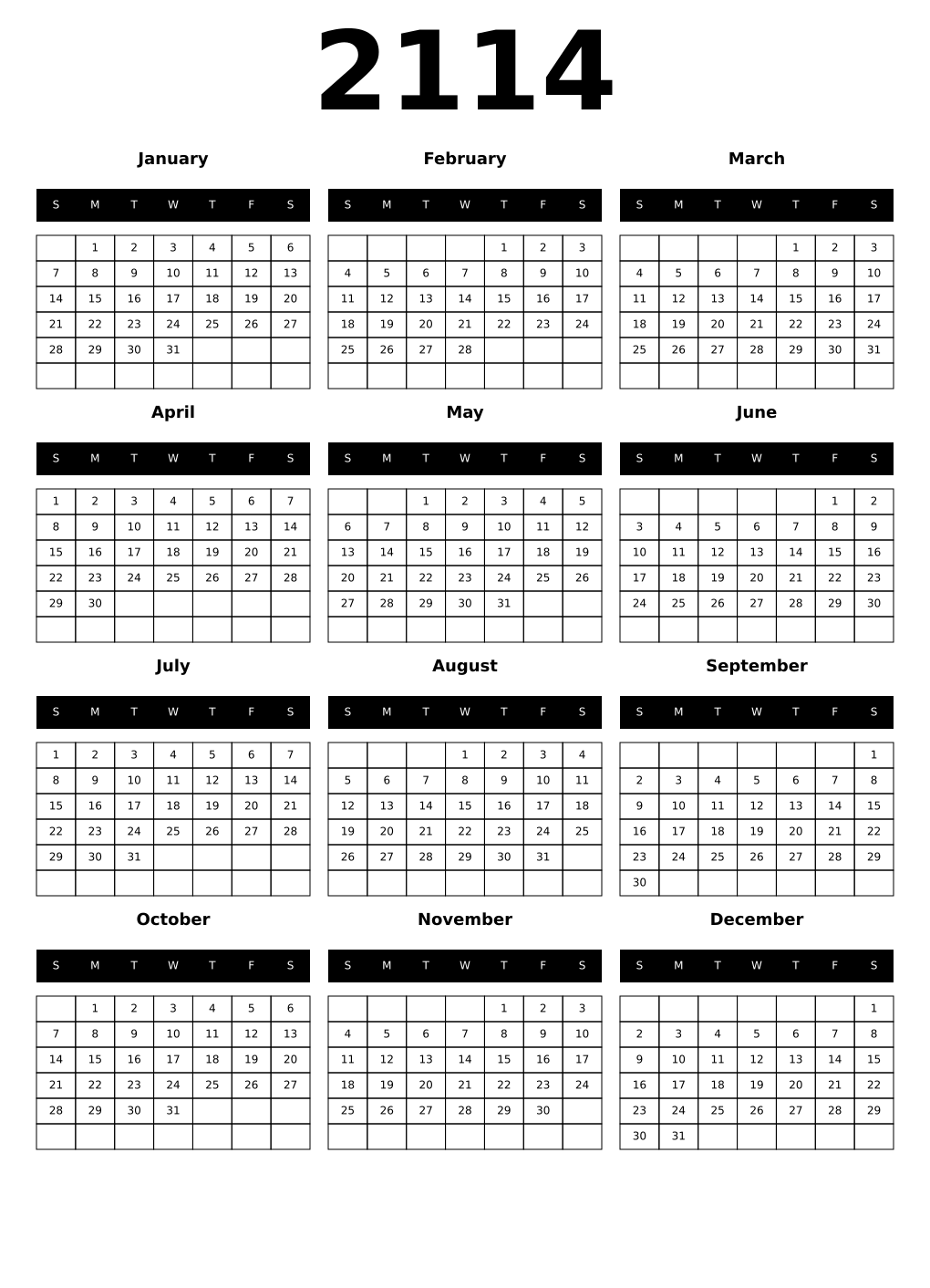 Printable 2114 Year Calendars black