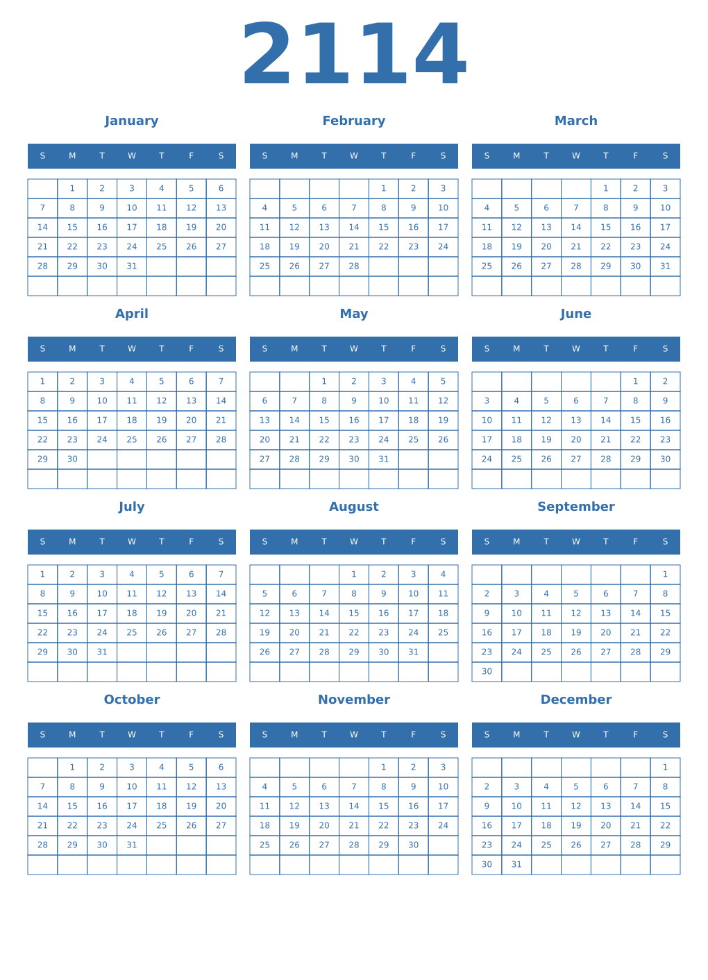 Printable 2114 Year Calendars blue
