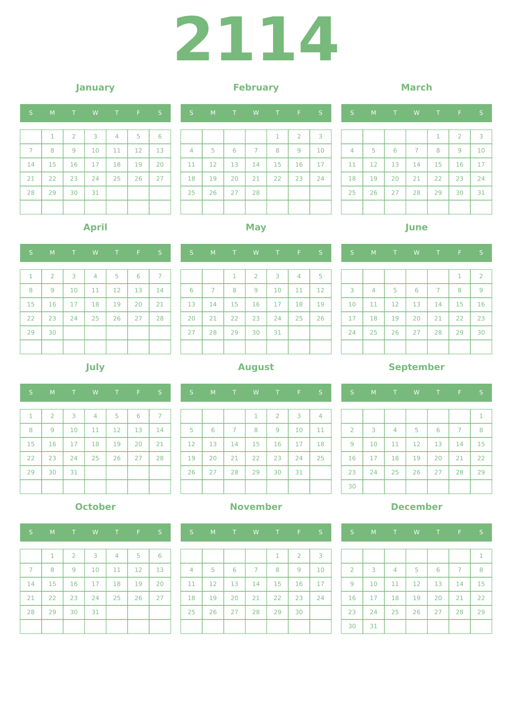 Printable 2114 Year Calendars celadon