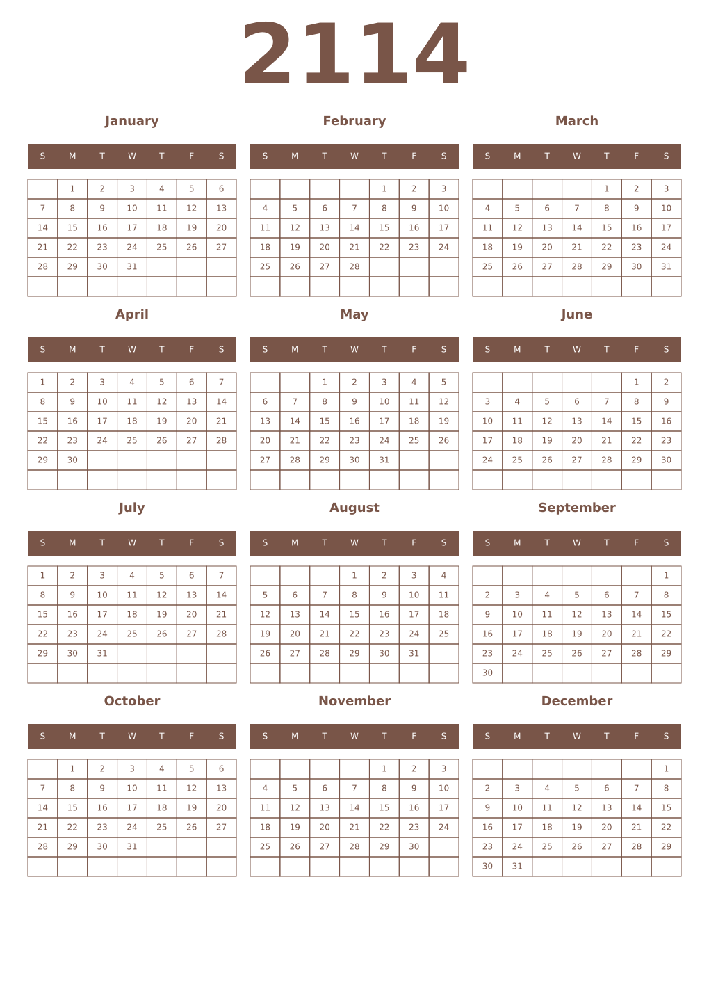 Printable 2114 Year Calendars coffe