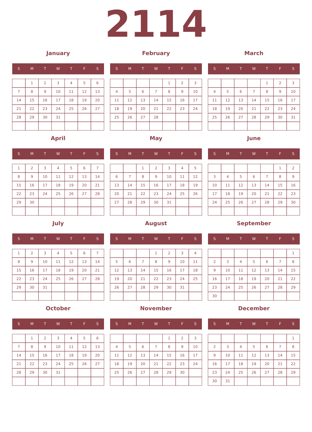 Printable 2114 Year Calendars cordovan