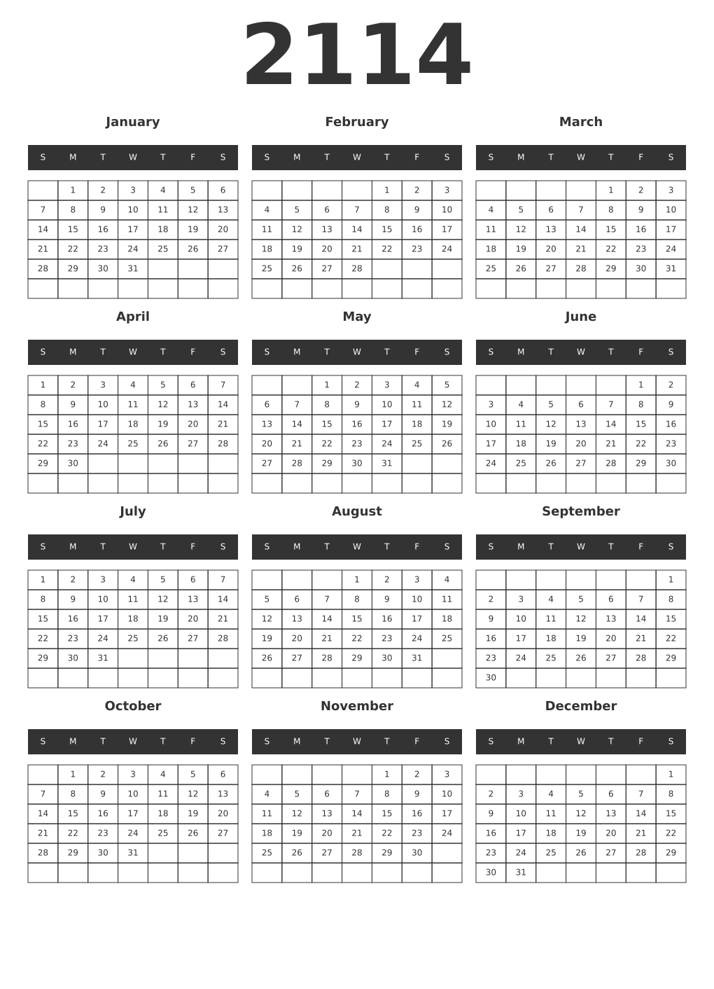 Printable 2114 Year Calendars dark