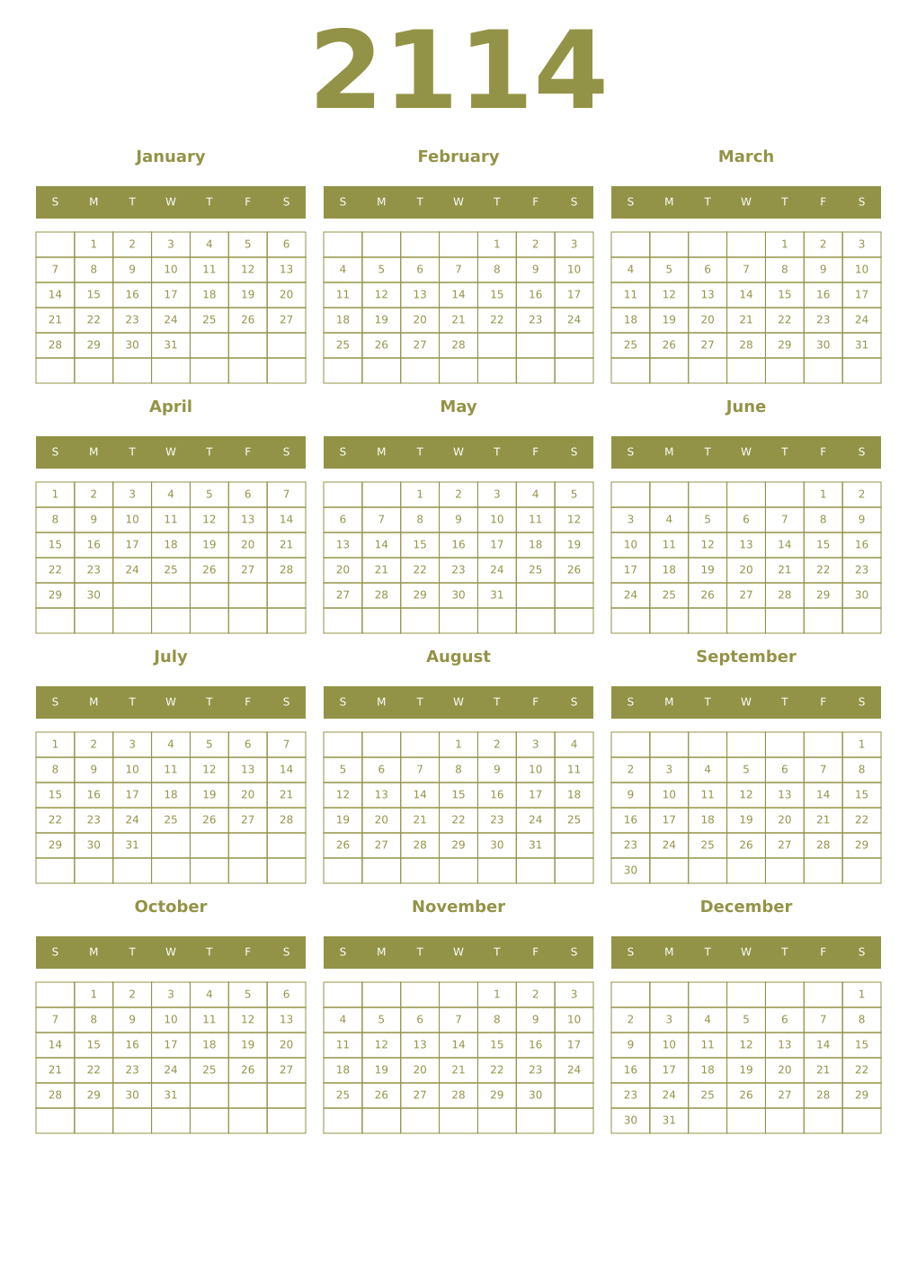 Printable 2114 Year Calendars eburnean