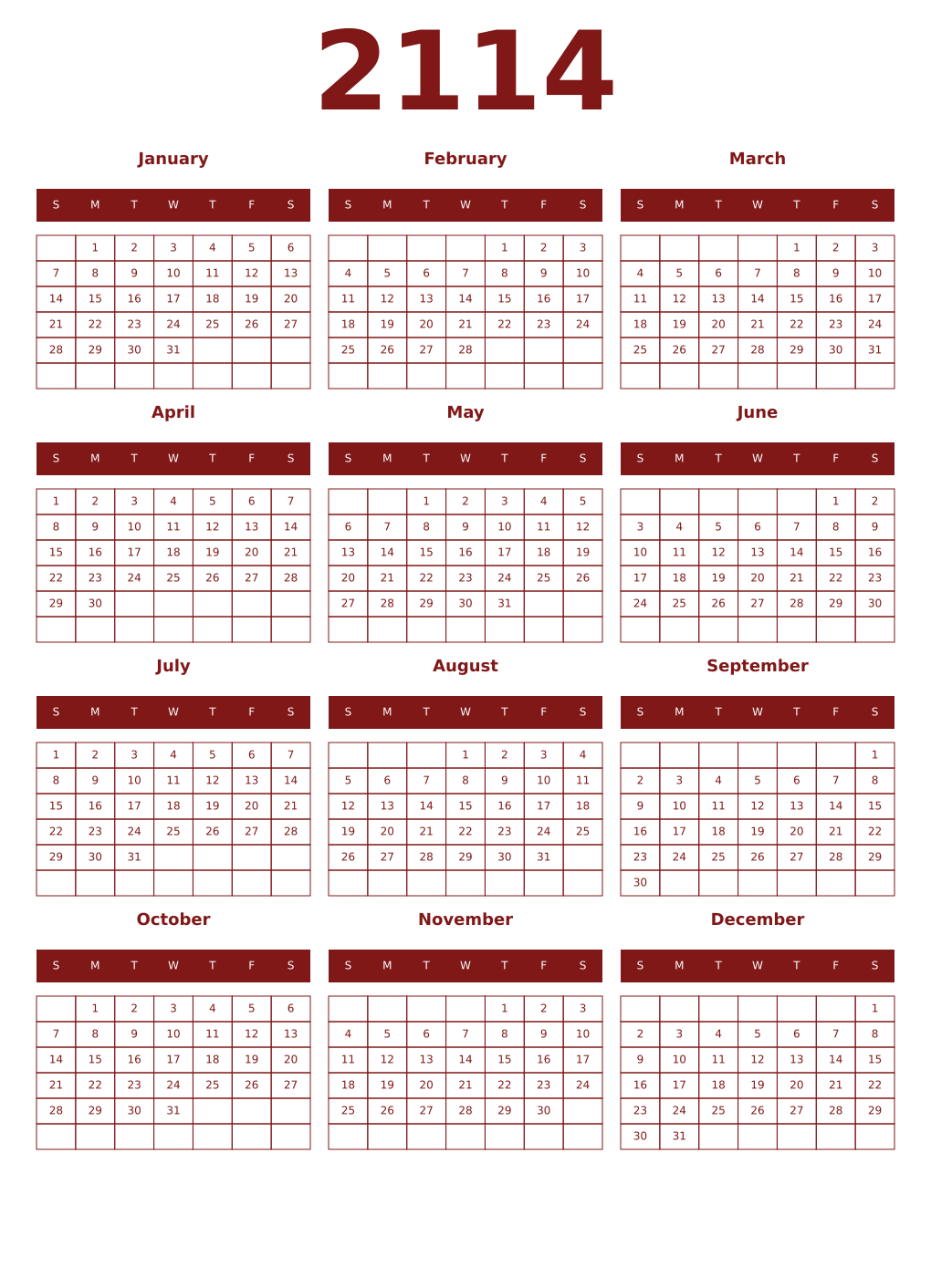 Printable 2114 Year Calendars falu