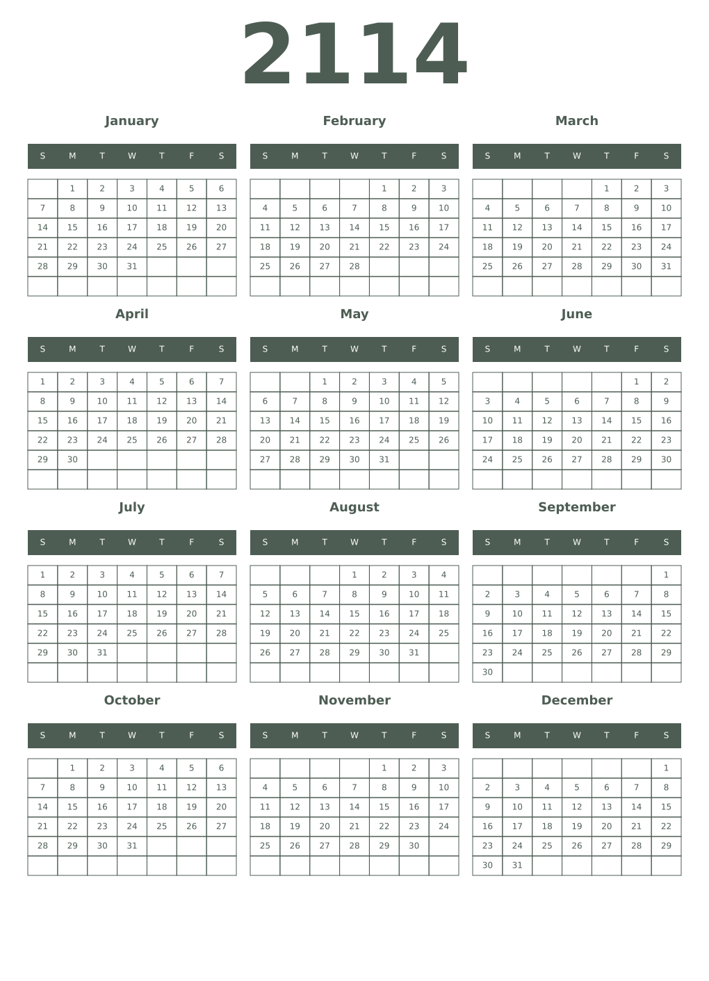 Printable 2114 Year Calendars feldgrau