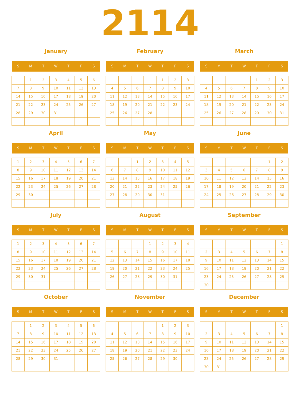 Printable 2114 Year Calendars gamboge