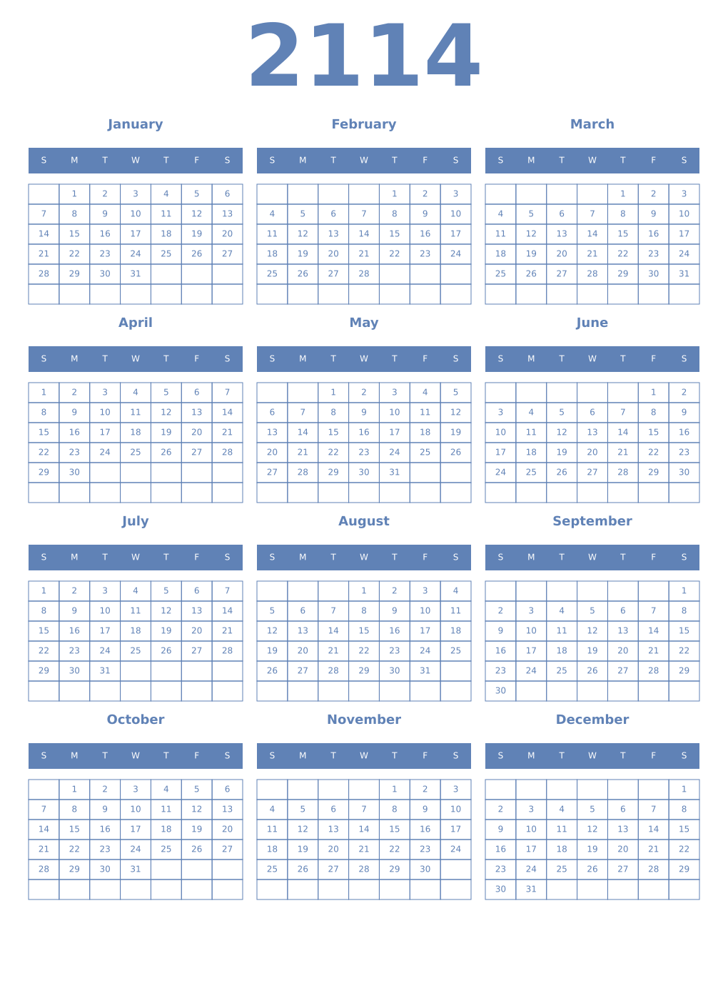 Printable 2114 Year Calendars glaucous