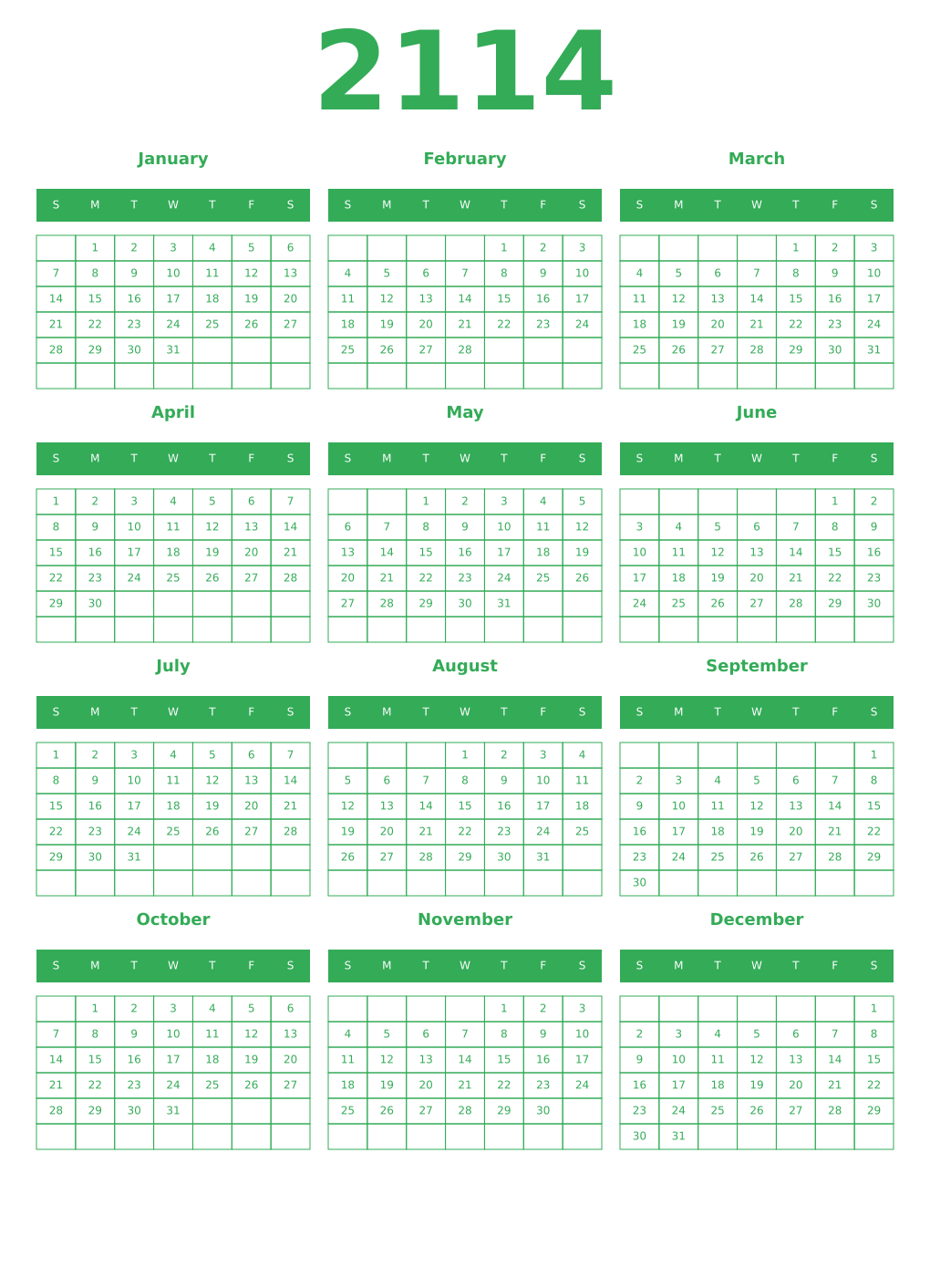 Printable 2114 Year Calendars green