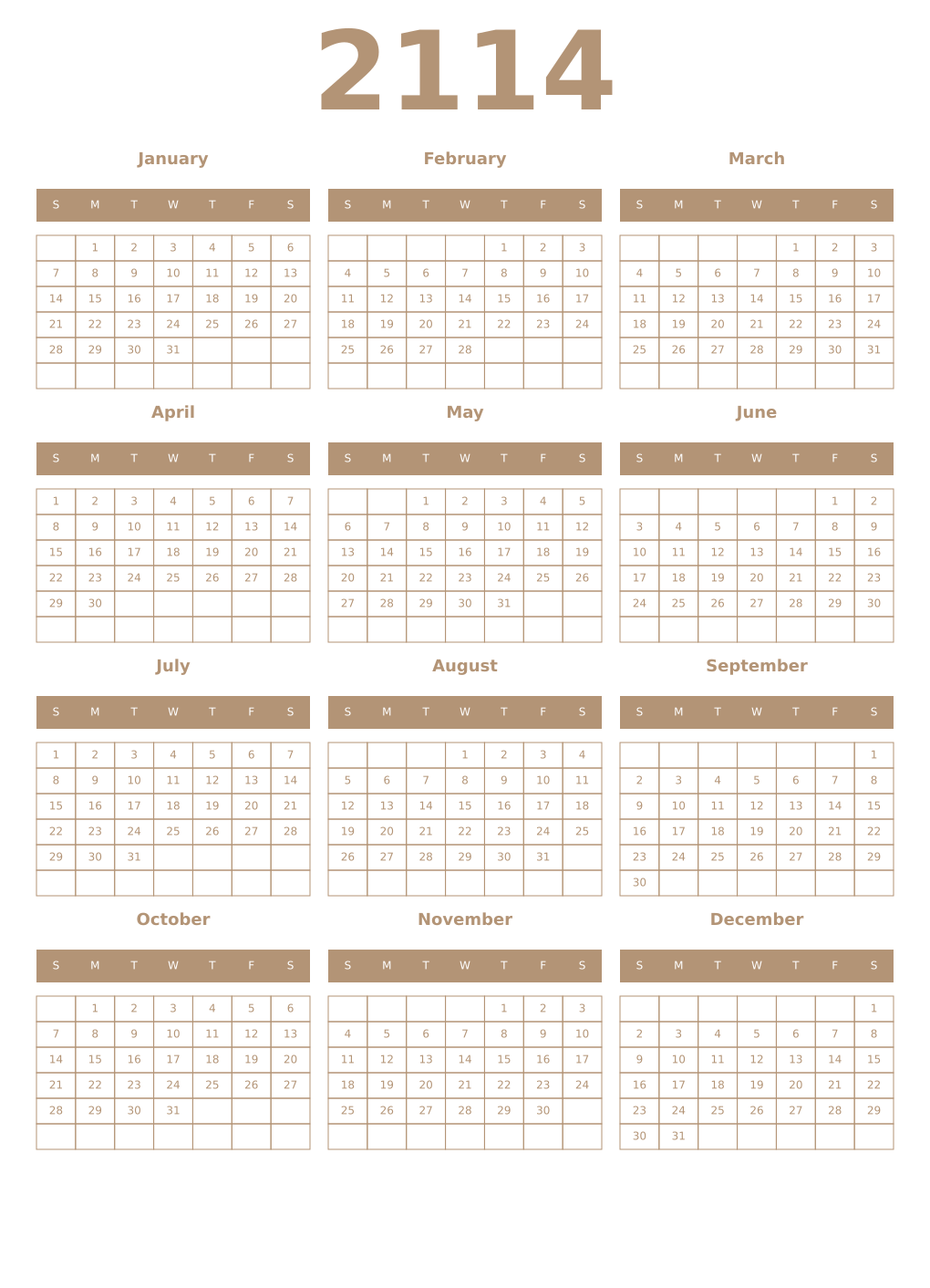 Printable 2114 Year Calendars isabelline