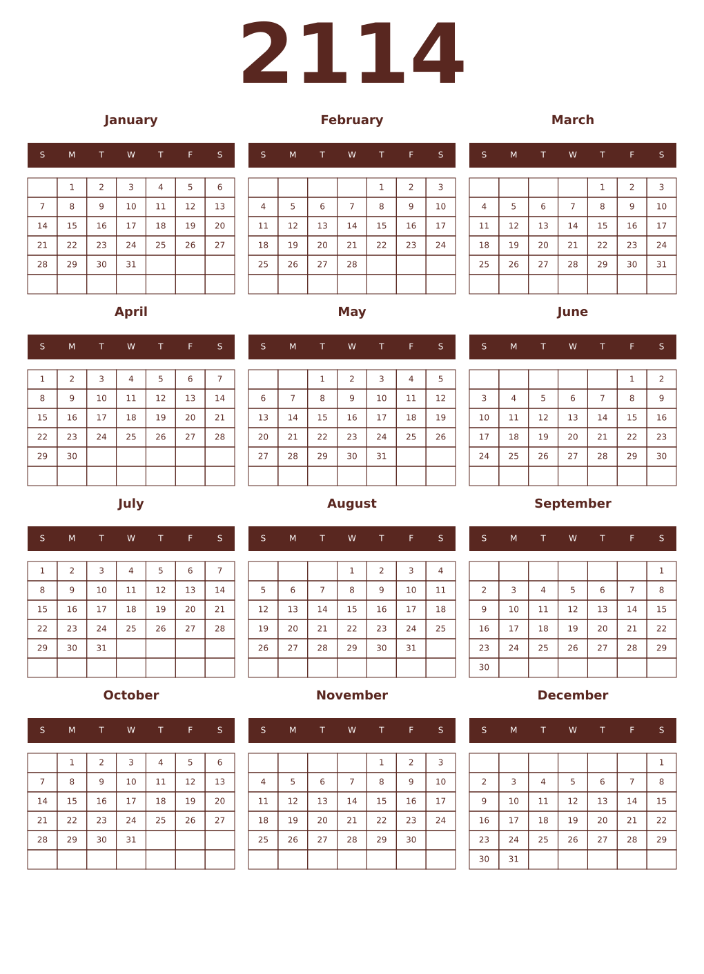 Printable 2114 Year Calendars mortuum