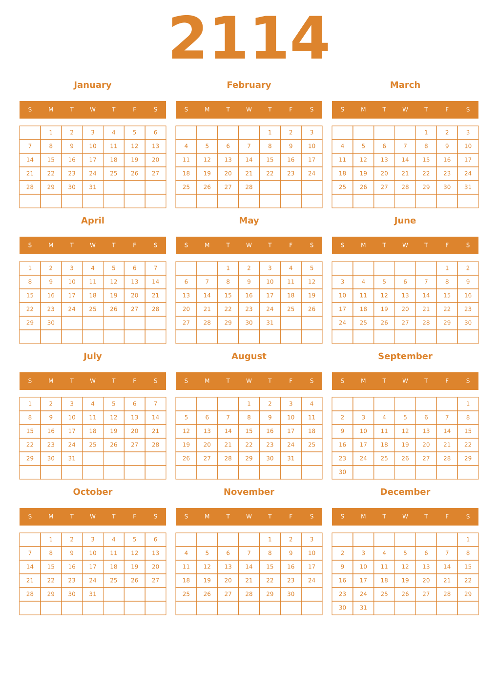 Printable 2114 Year Calendars orange