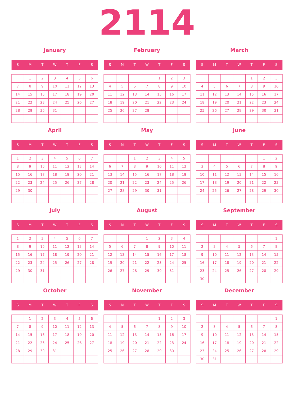 Printable 2114 Year Calendars pink