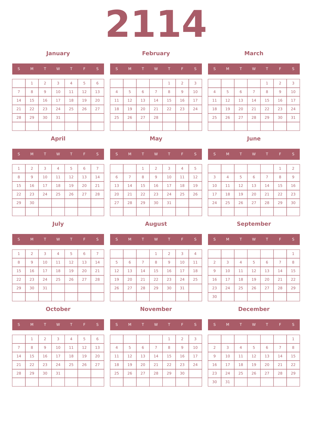 Printable 2114 Year Calendars puce