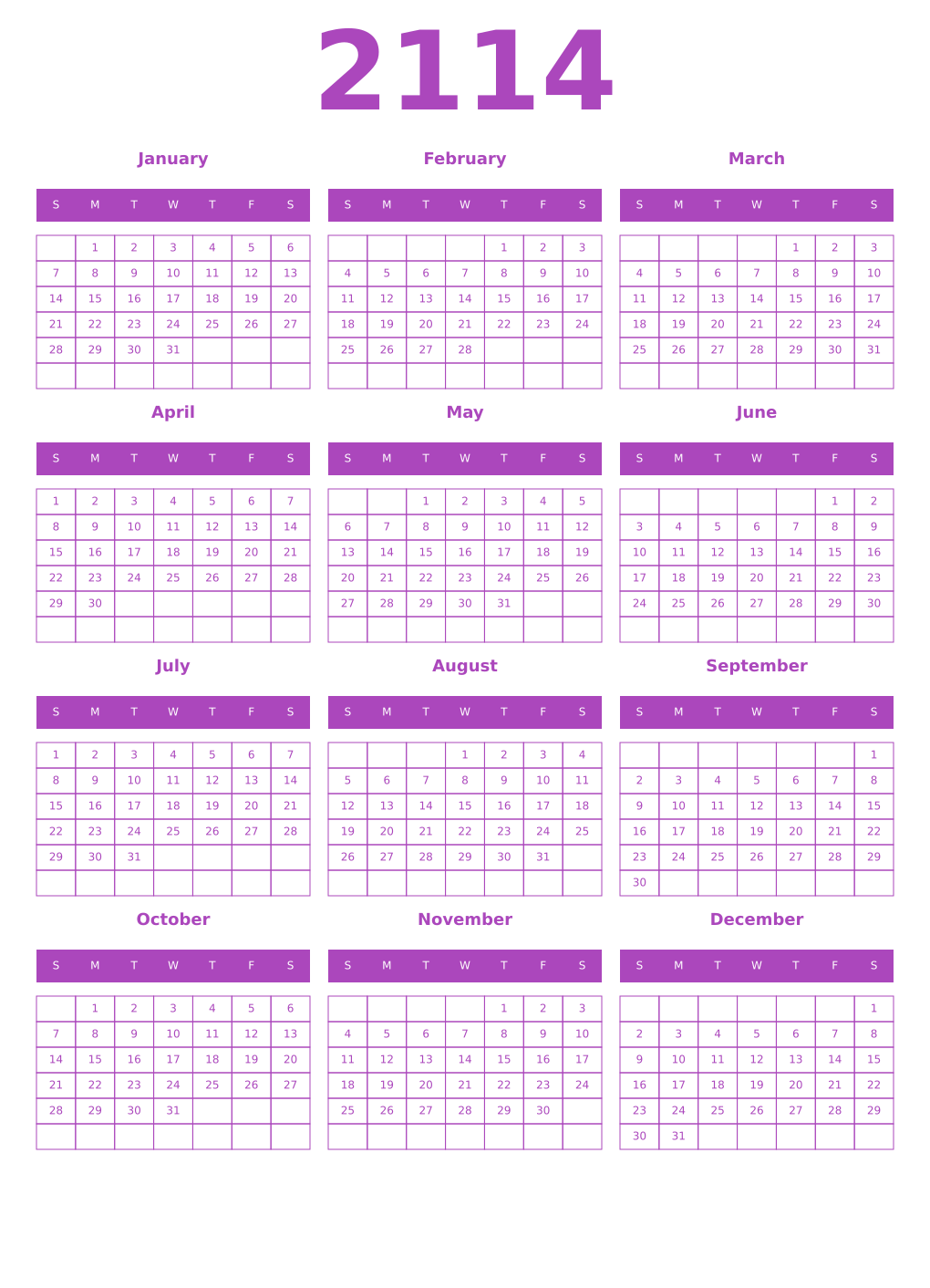 Printable 2114 Year Calendars purple