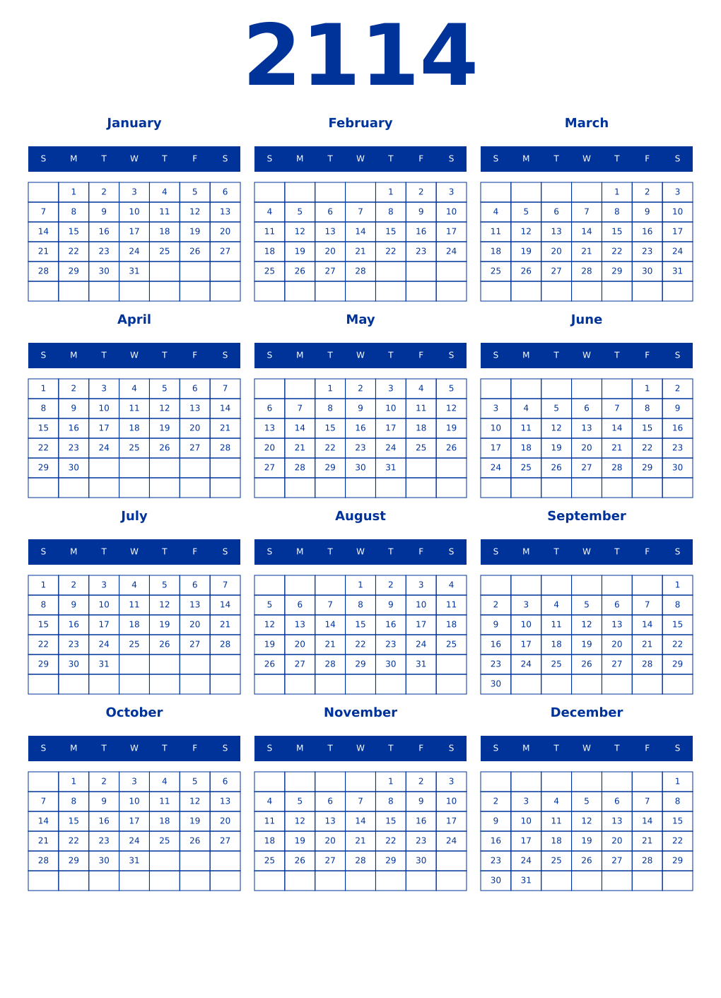 Printable 2114 Year Calendars smalt