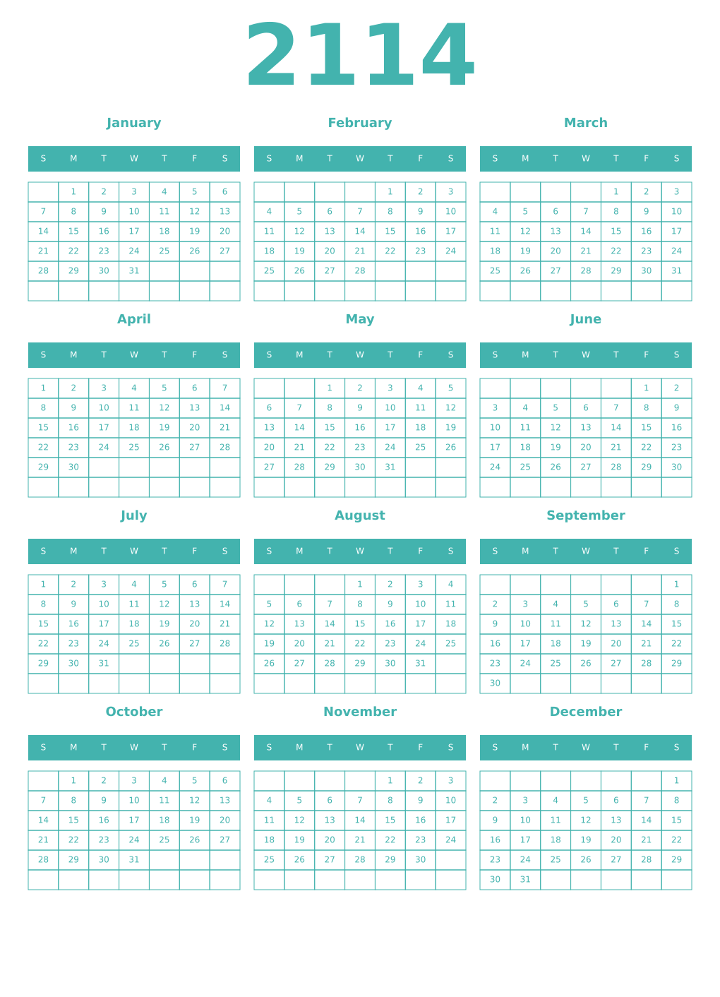 Printable 2114 Year Calendars verdigris