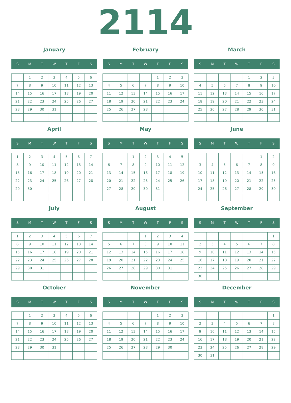 Printable 2114 Year Calendars viridian