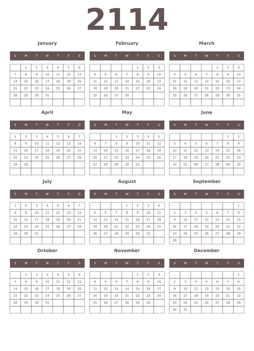 Printable 2114 Year Calendars wenge