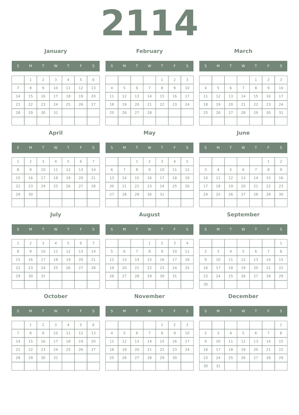 Printable 2114 Year Calendars xanadu