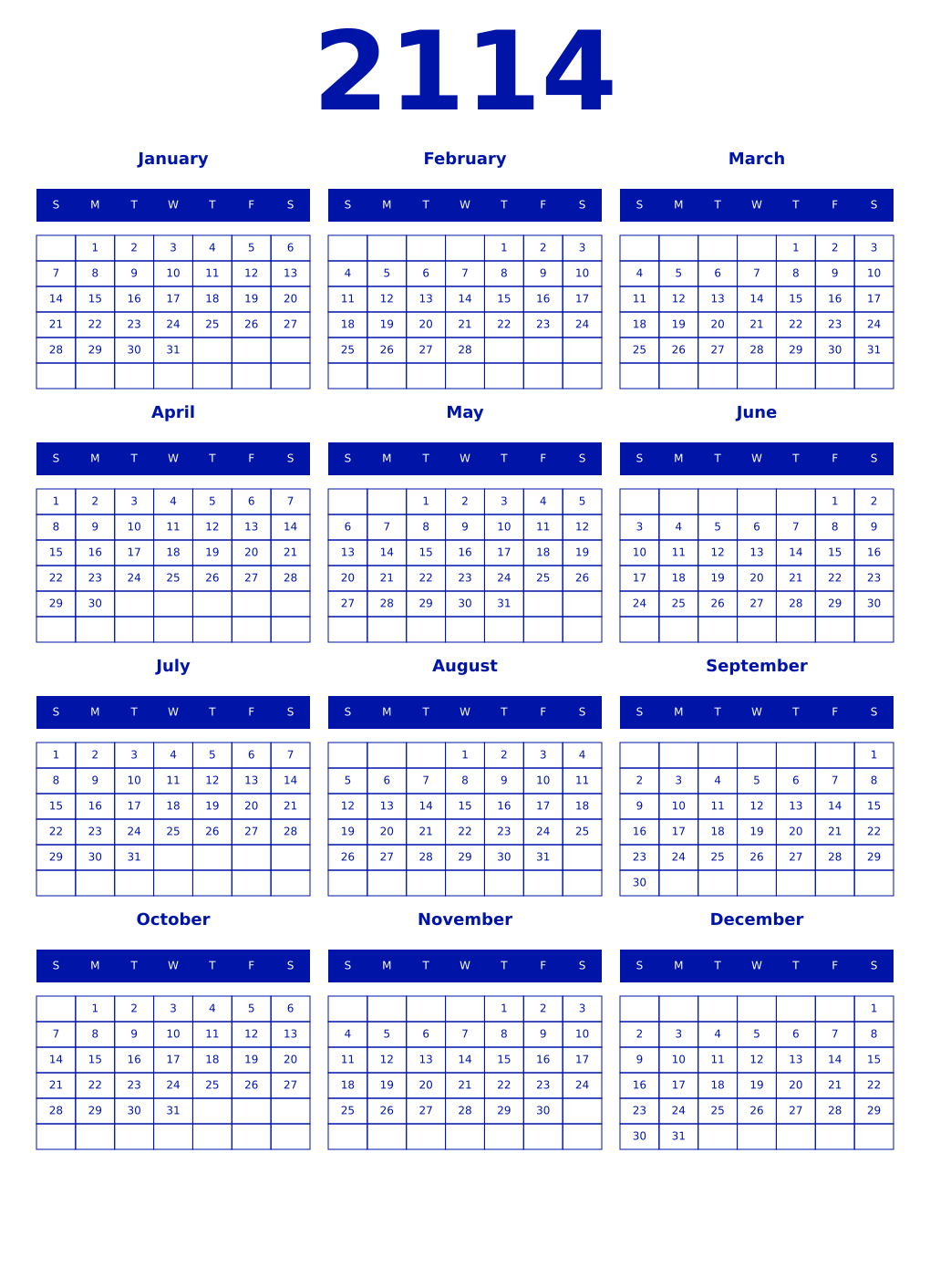 Printable 2114 Year Calendars zaffre