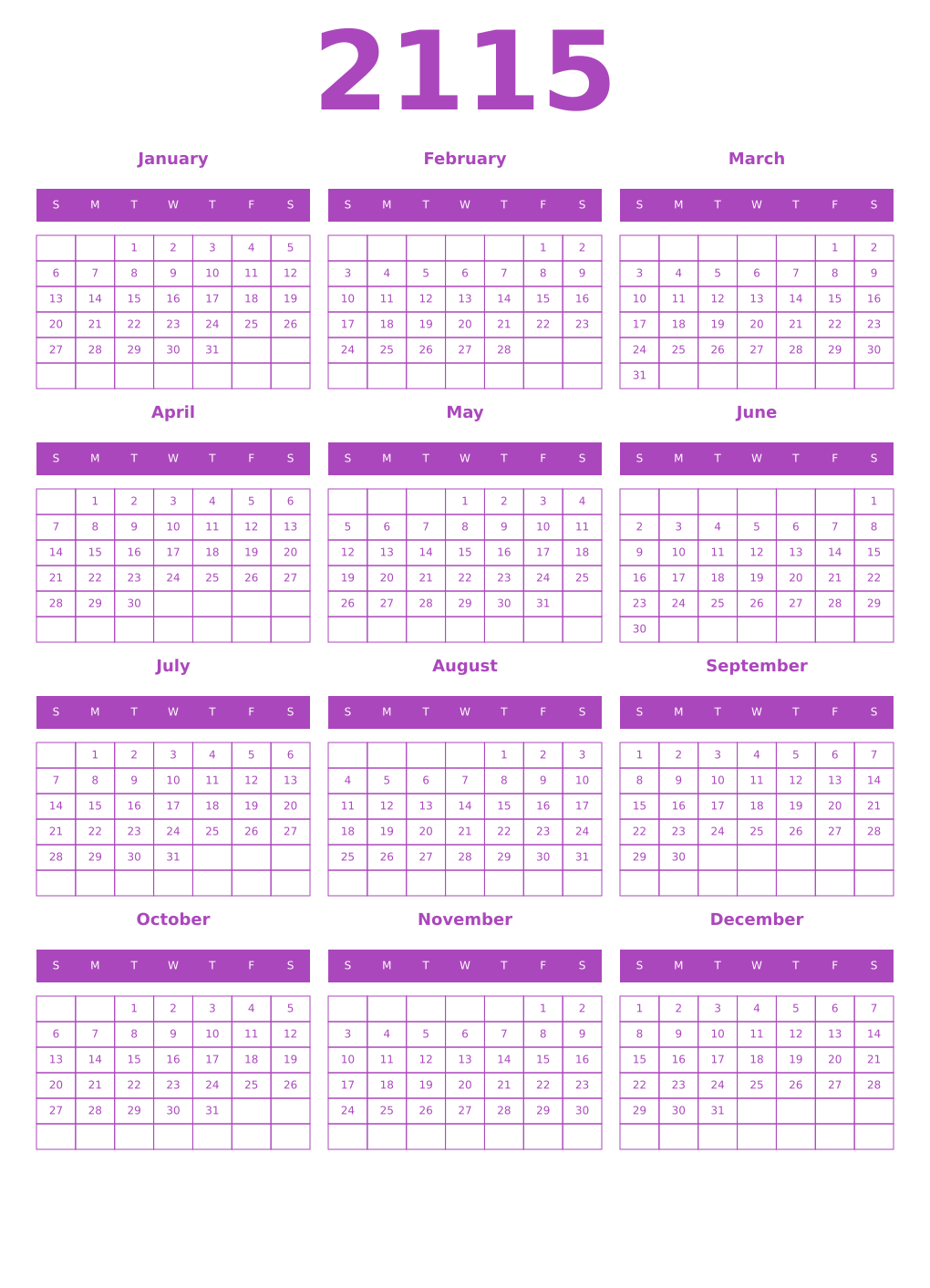 Printable 2115 Calendars
