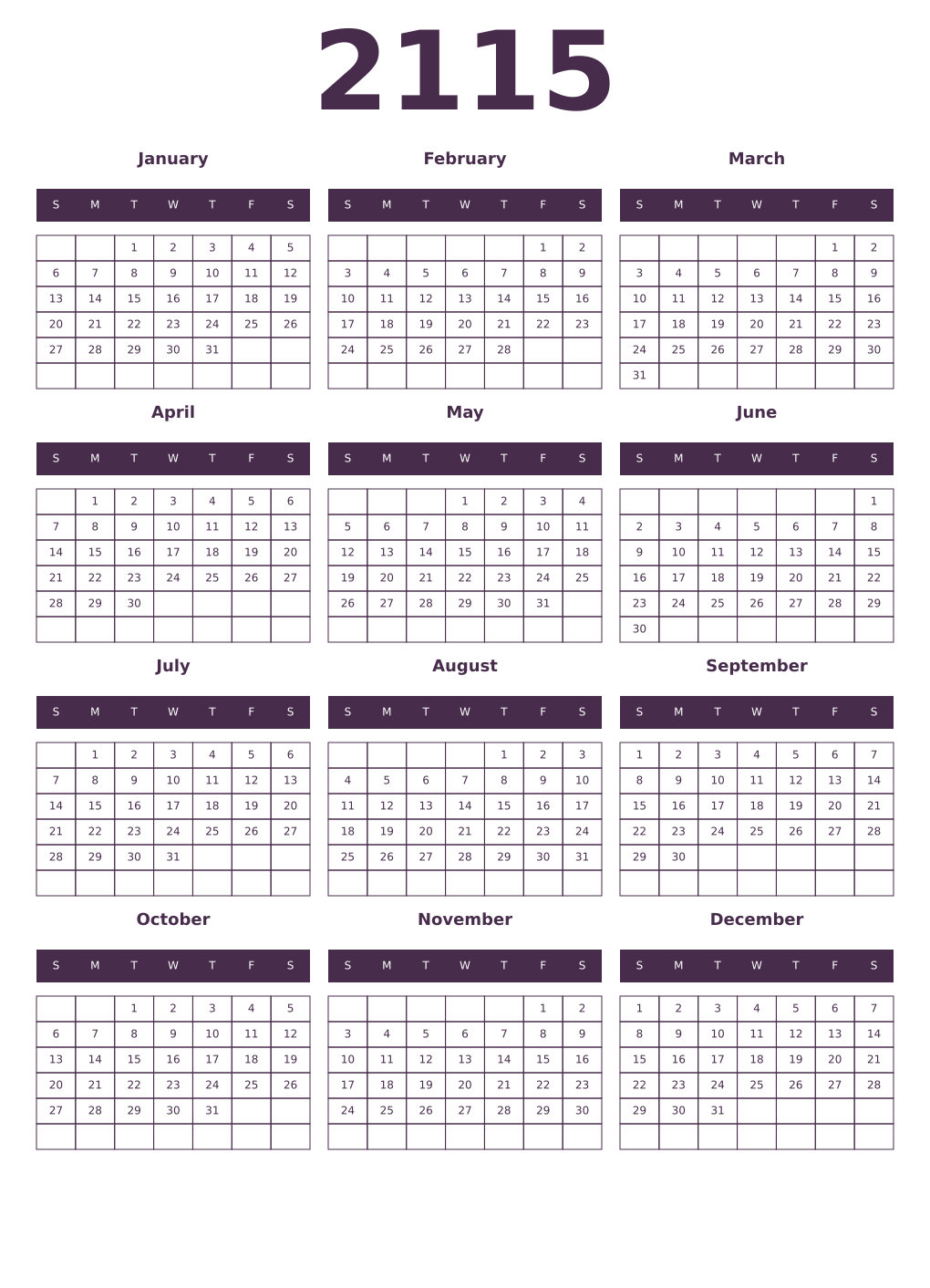 Printable 2115 Year Calendars aubergine