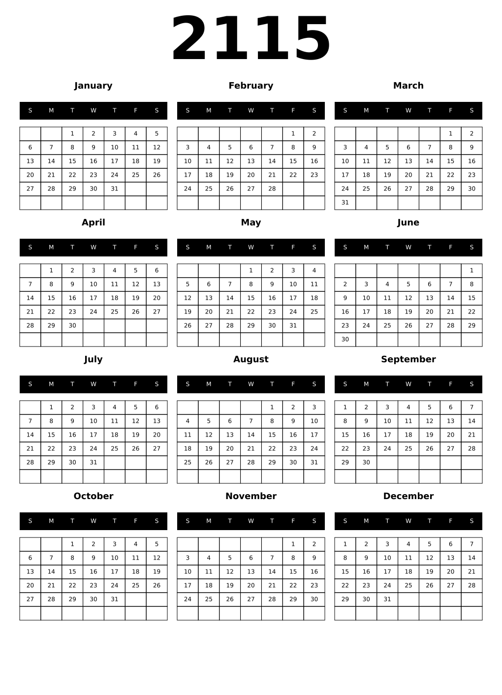 Printable 2115 Year Calendars black