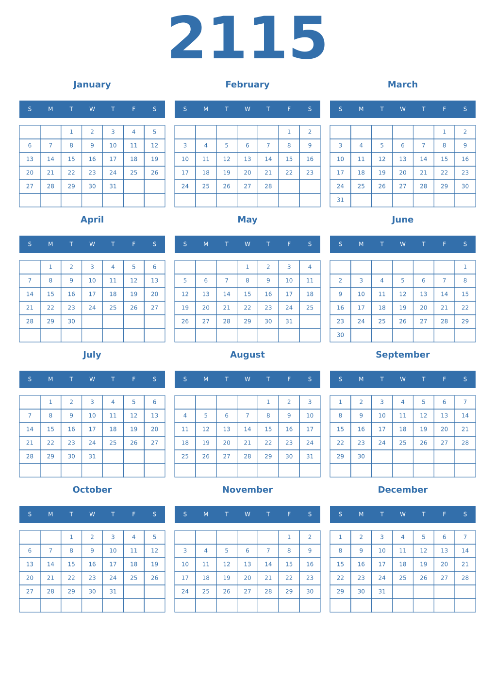 Printable 2115 Year Calendars blue