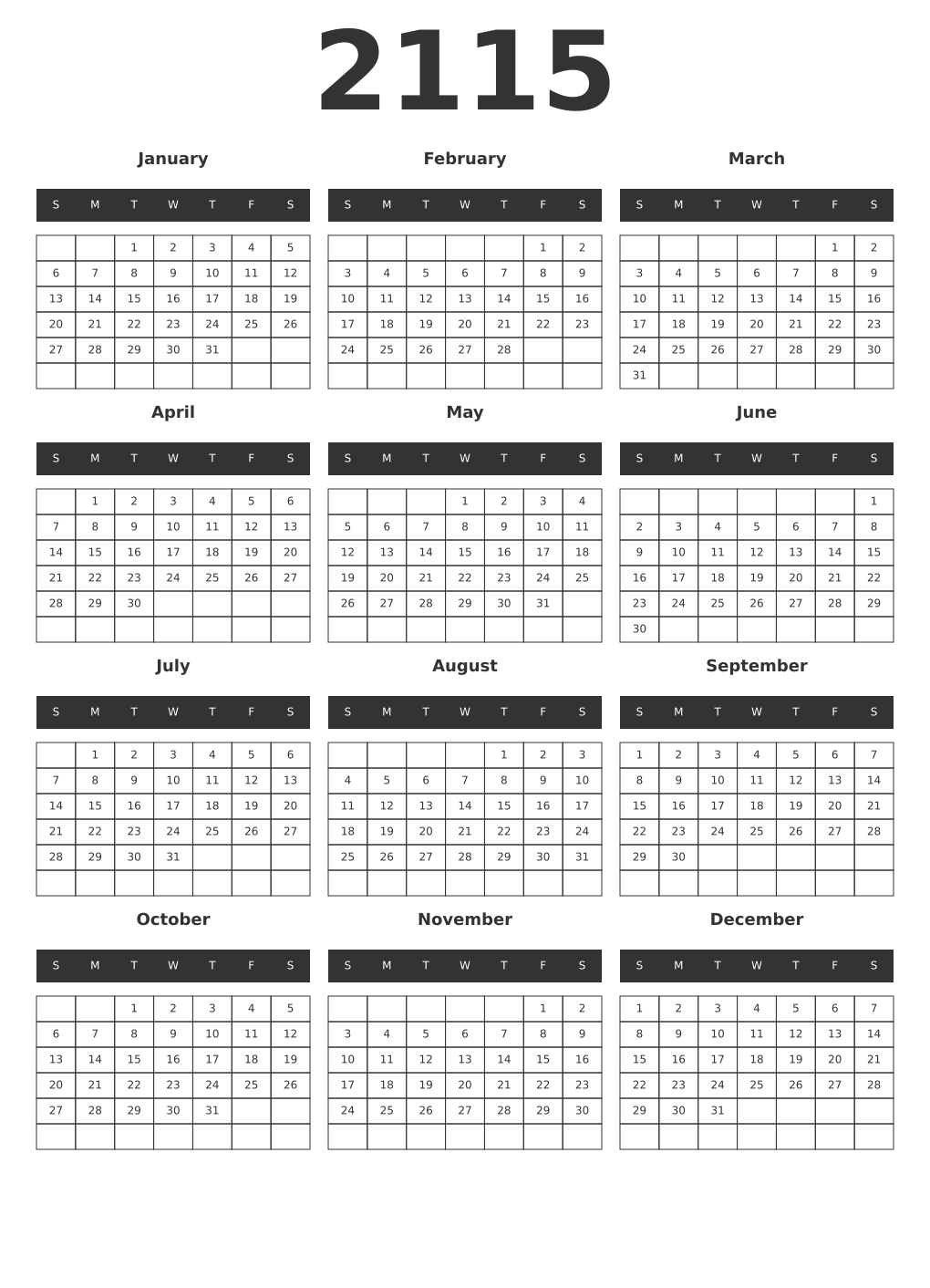 Printable 2115 Year Calendars dark