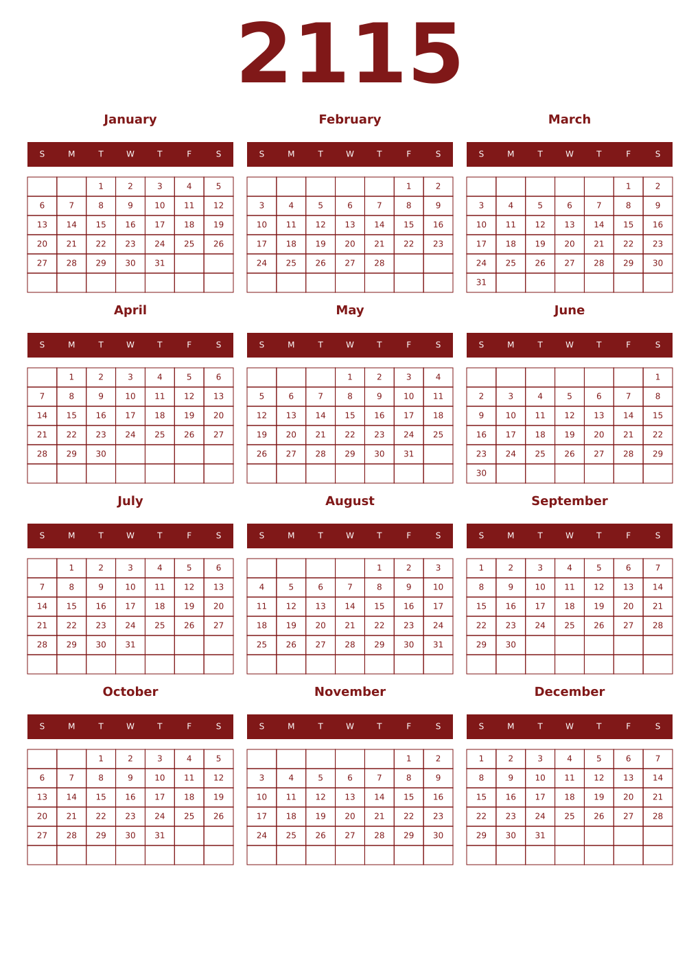 Printable 2115 Year Calendars falu