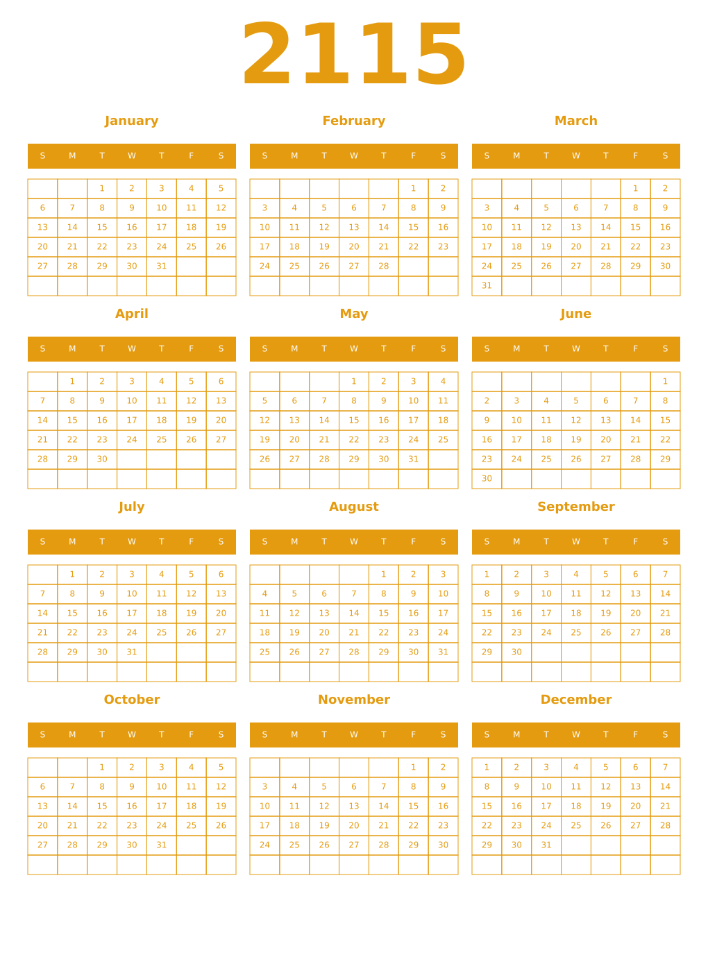 Printable 2115 Year Calendars gamboge