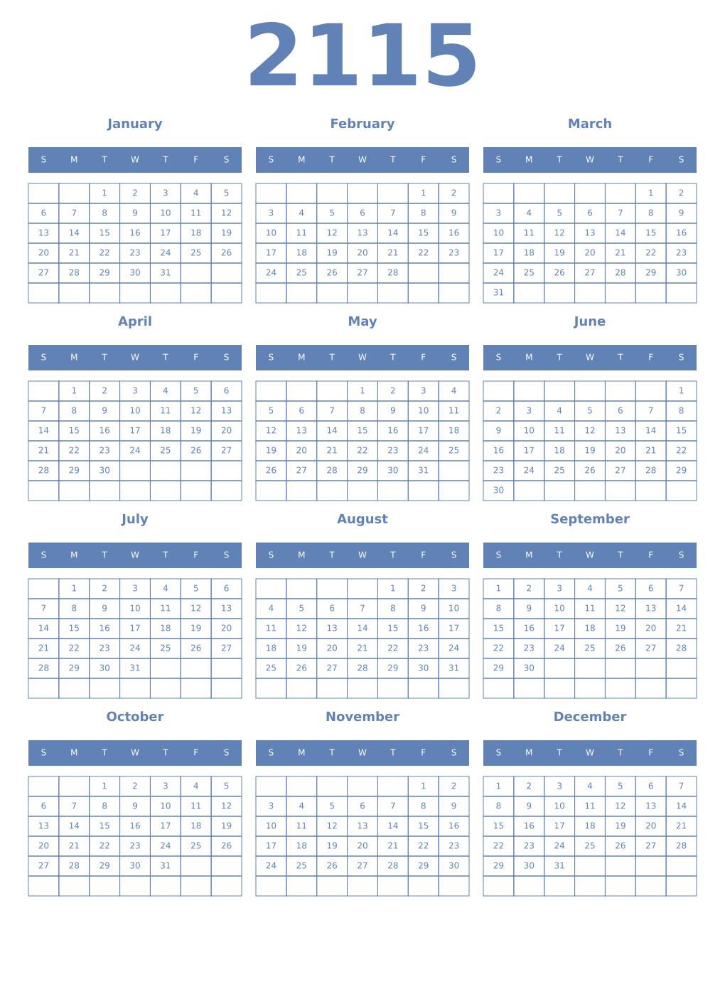 Printable 2115 Year Calendars glaucous