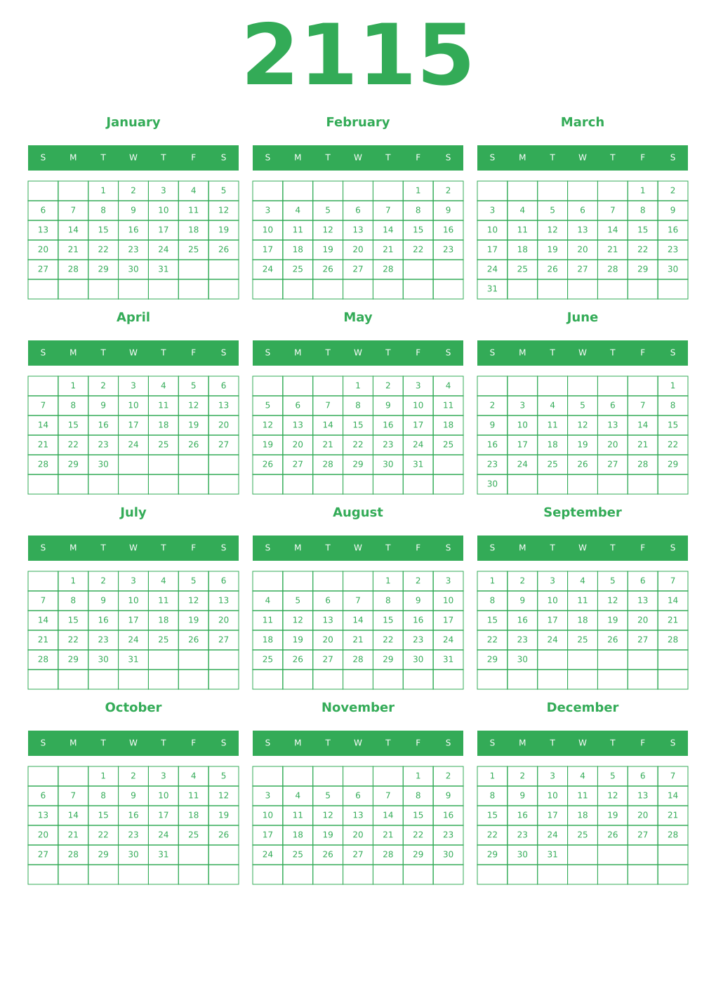 Printable 2115 Year Calendars green