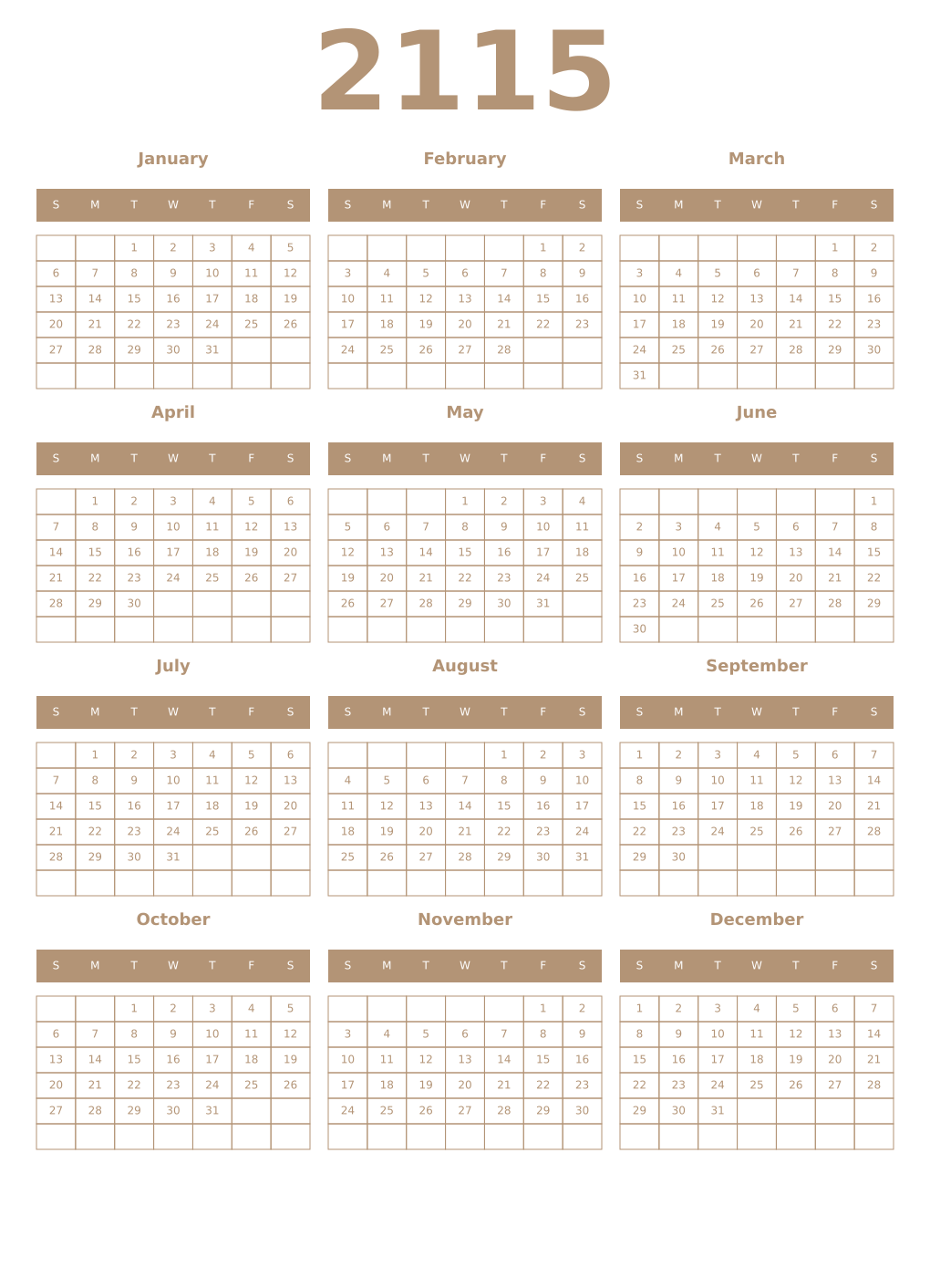 Printable 2115 Year Calendars isabelline