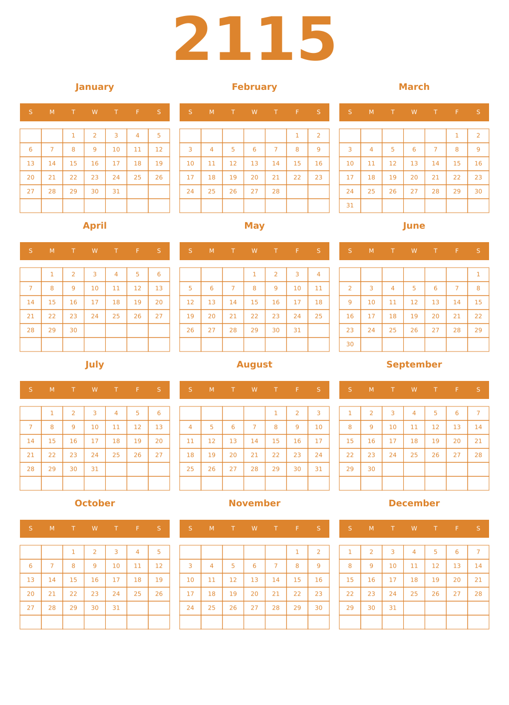 Printable 2115 Year Calendars orange