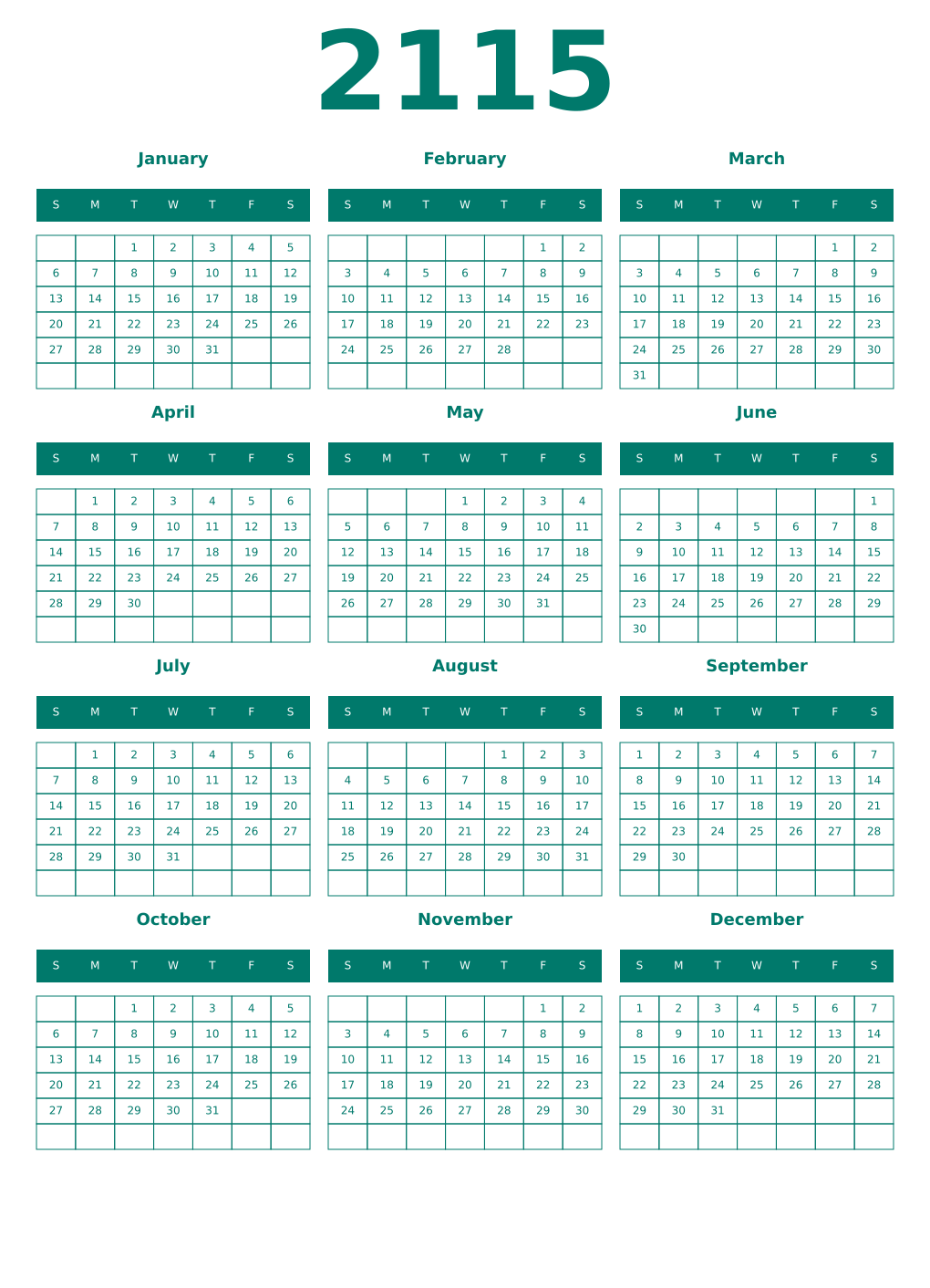 Printable 2115 Year Calendars pastel